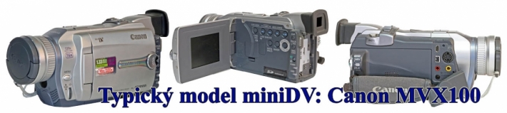 Typická videokamera miniDV, přehrávající 1/4" pásku
